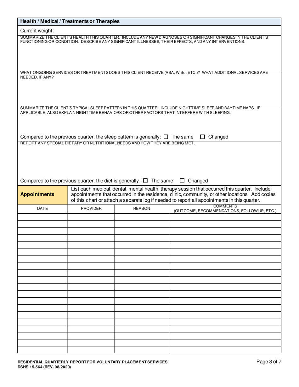 DSHS Form 15-564 Residential Quarterly Report for Childrens Residential Services - Washington, Page 3