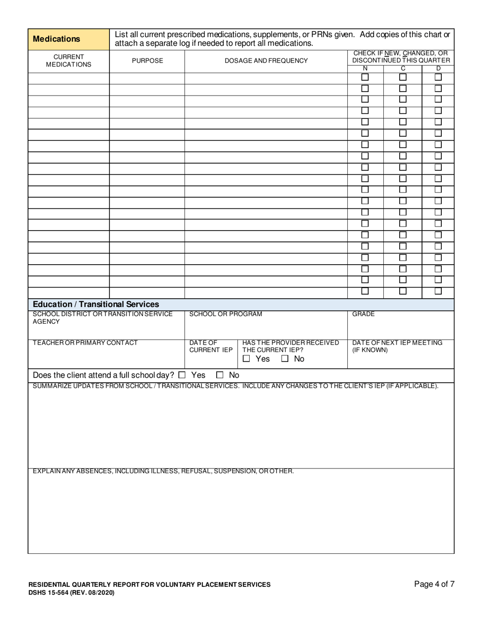 DSHS Form 15-564 Residential Quarterly Report for Childrens Residential Services - Washington, Page 4