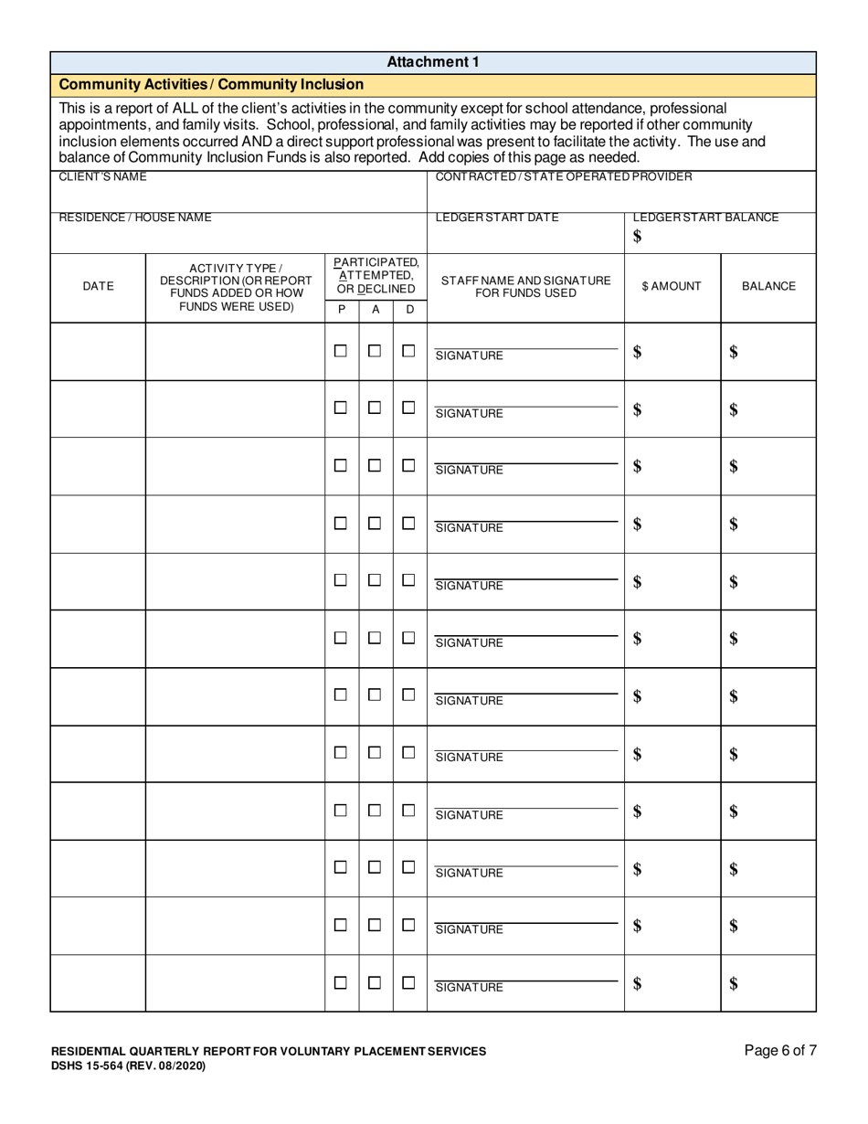 DSHS Form 15-564 Residential Quarterly Report for Childrens Residential Services - Washington, Page 6