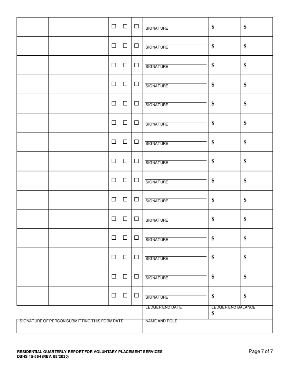 DSHS Form 15-564 Residential Quarterly Report for Childrens Residential Services - Washington, Page 7