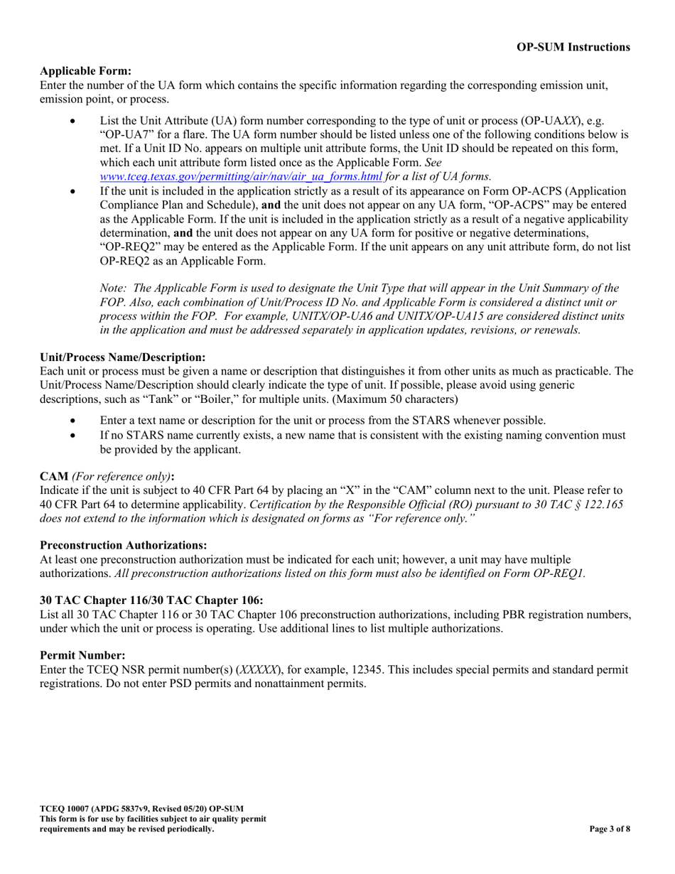 Form OR-SUM (TCEQ-10007) Individual Unit Summary - Texas, Page 3