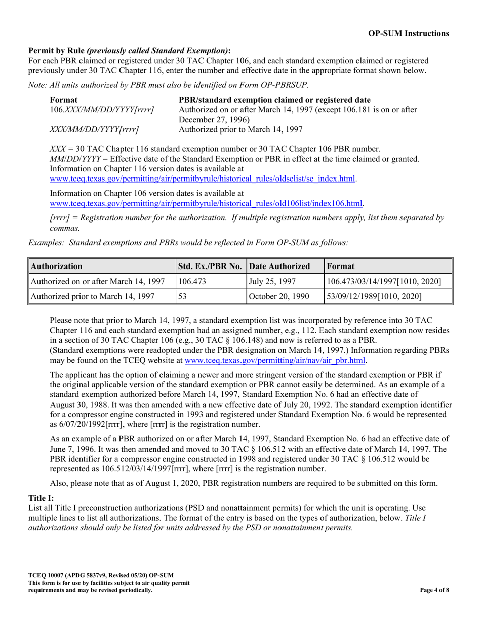 Form OR-SUM (TCEQ-10007) Individual Unit Summary - Texas, Page 4