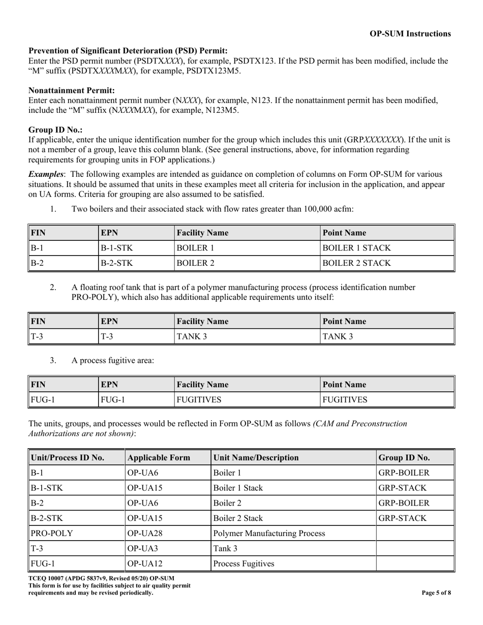 Form OR-SUM (TCEQ-10007) Individual Unit Summary - Texas, Page 5