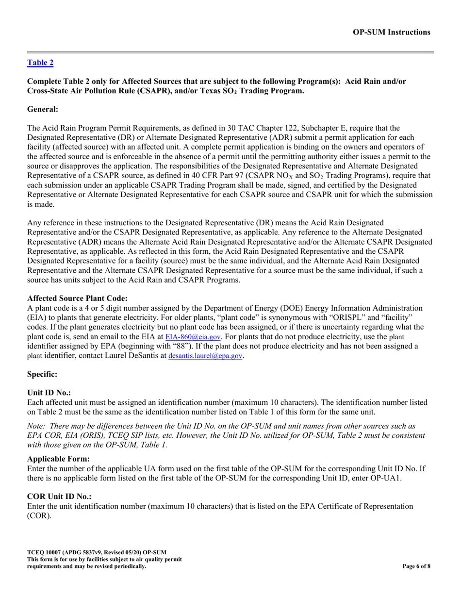 Form OR-SUM (TCEQ-10007) Individual Unit Summary - Texas, Page 6