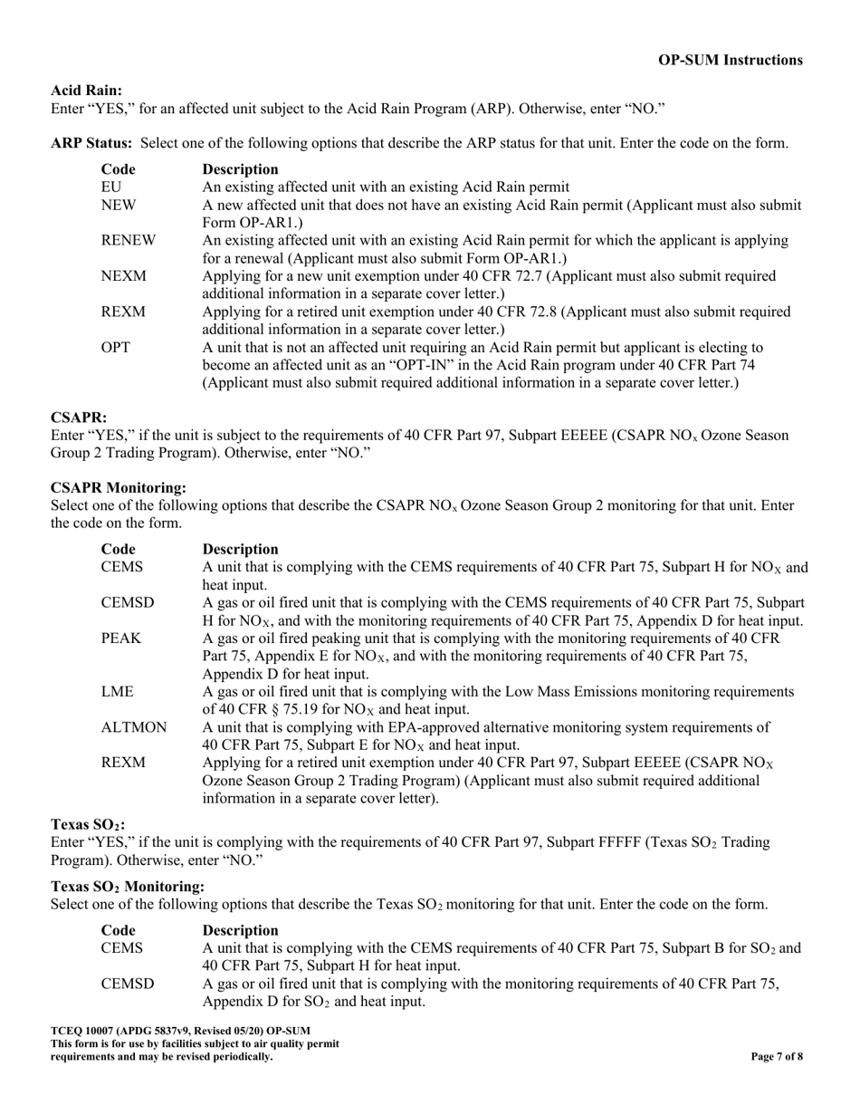 Form OR-SUM (TCEQ-10007) Individual Unit Summary - Texas, Page 7
