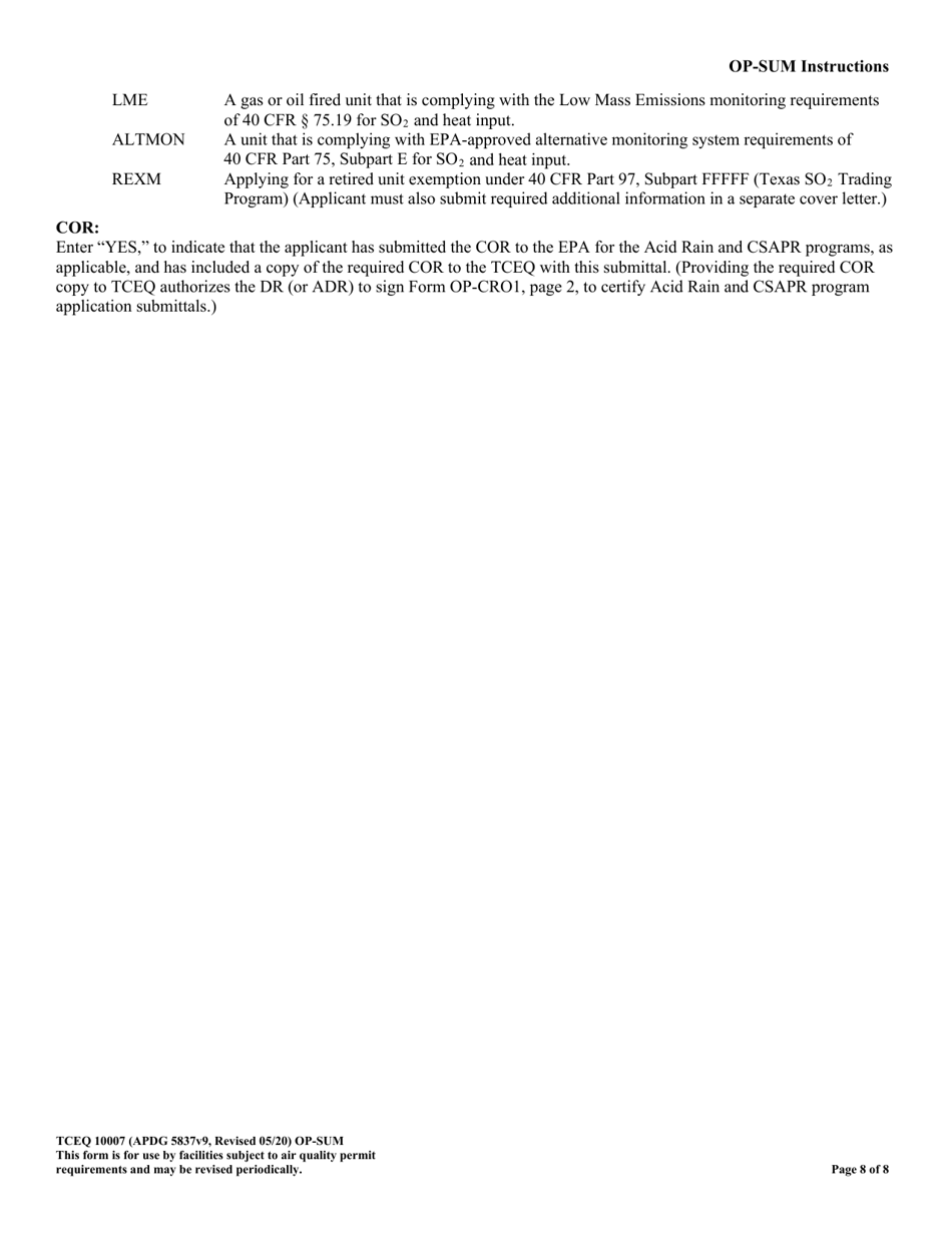 Form OR-SUM (TCEQ-10007) Individual Unit Summary - Texas, Page 8