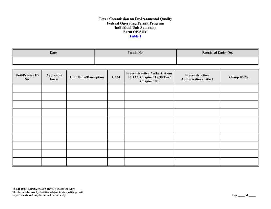 Form OR-SUM (TCEQ-10007) Individual Unit Summary - Texas, Page 9