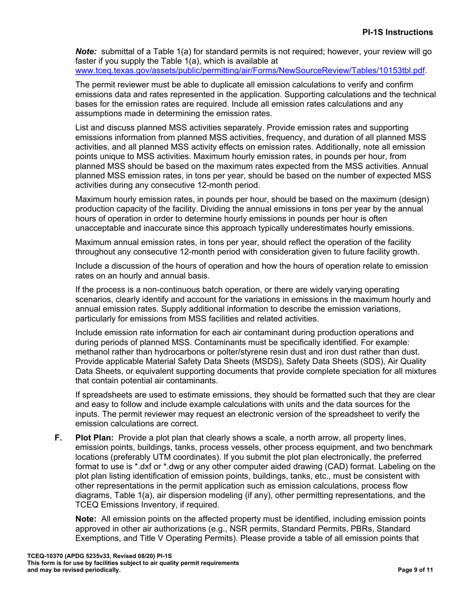 Form TCEQ-10370 (PI-1S) Registration for Air Standard Permit - Texas, Page 10