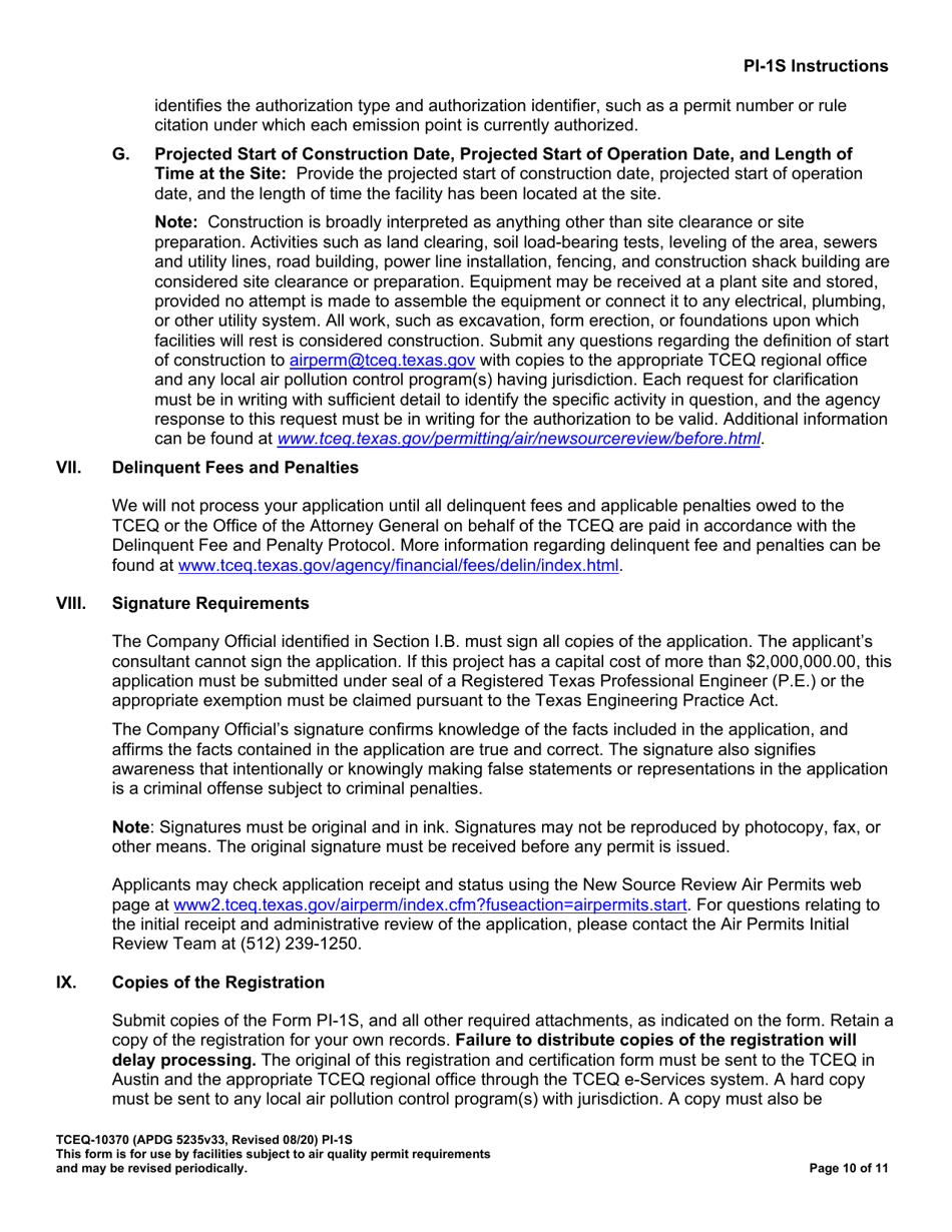 Form TCEQ-10370 (PI-1S) Registration for Air Standard Permit - Texas, Page 11