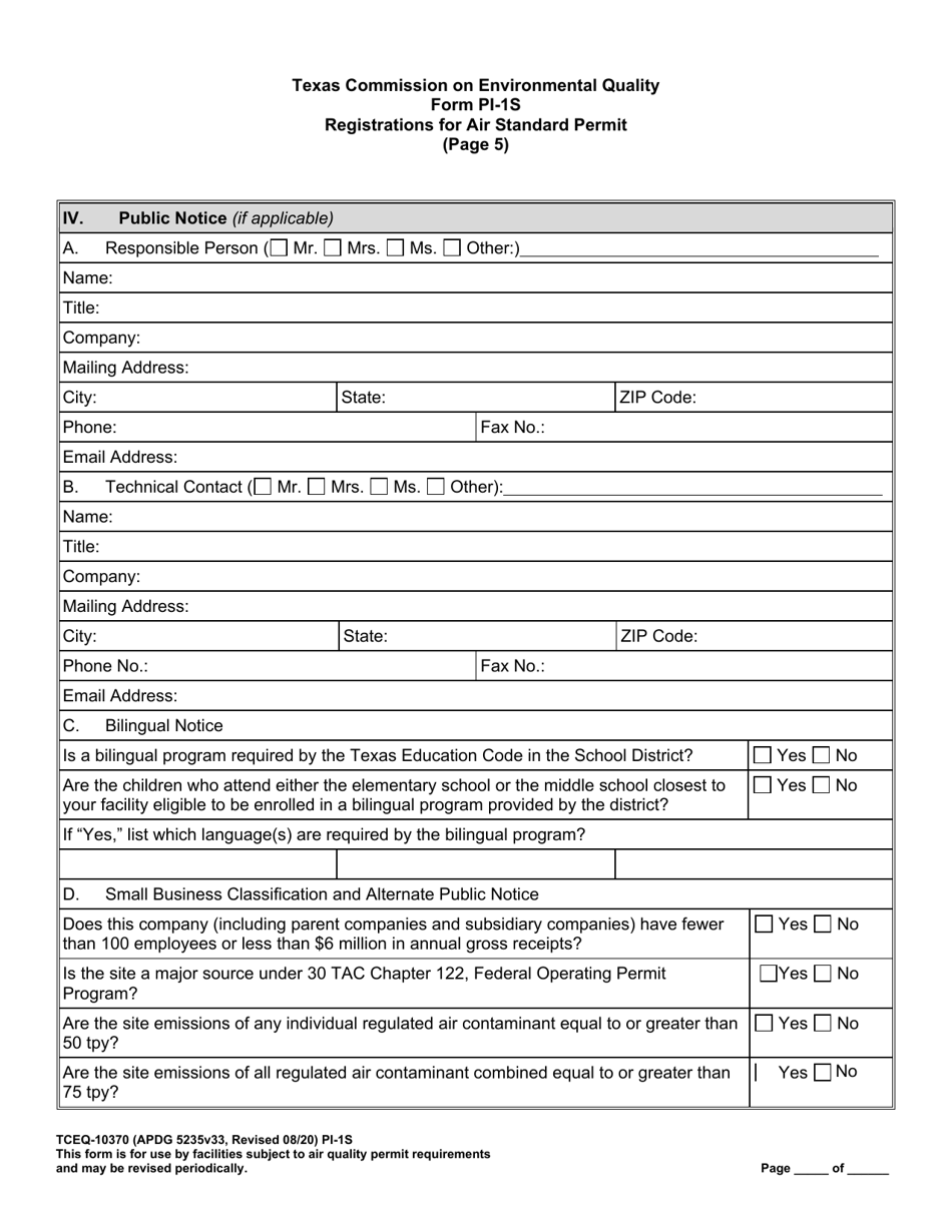 Form TCEQ-10370 (PI-1S) Registration for Air Standard Permit - Texas, Page 17