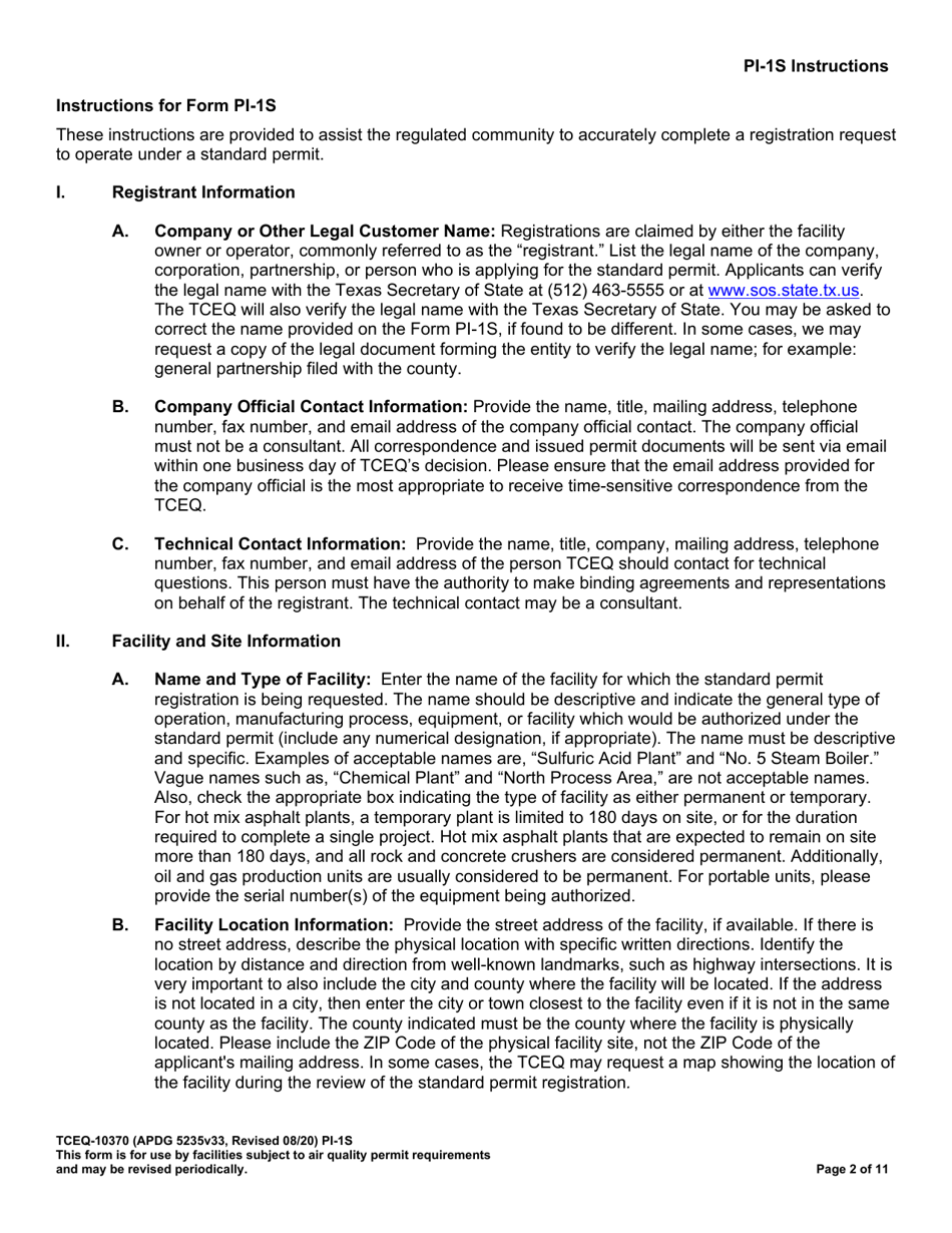 Form TCEQ-10370 (PI-1S) Registration for Air Standard Permit - Texas, Page 3