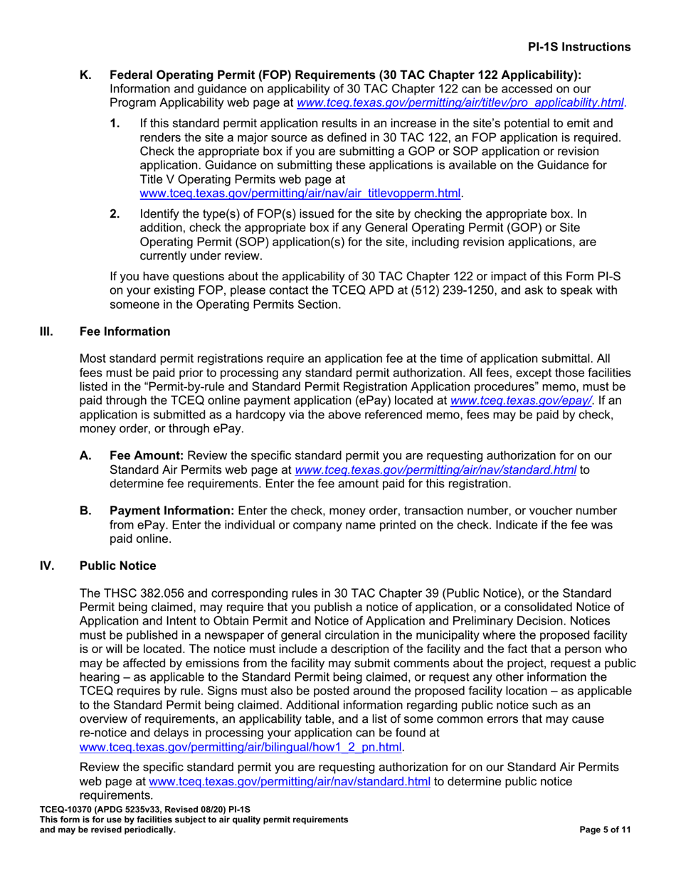Form TCEQ-10370 (PI-1S) Registration for Air Standard Permit - Texas, Page 6