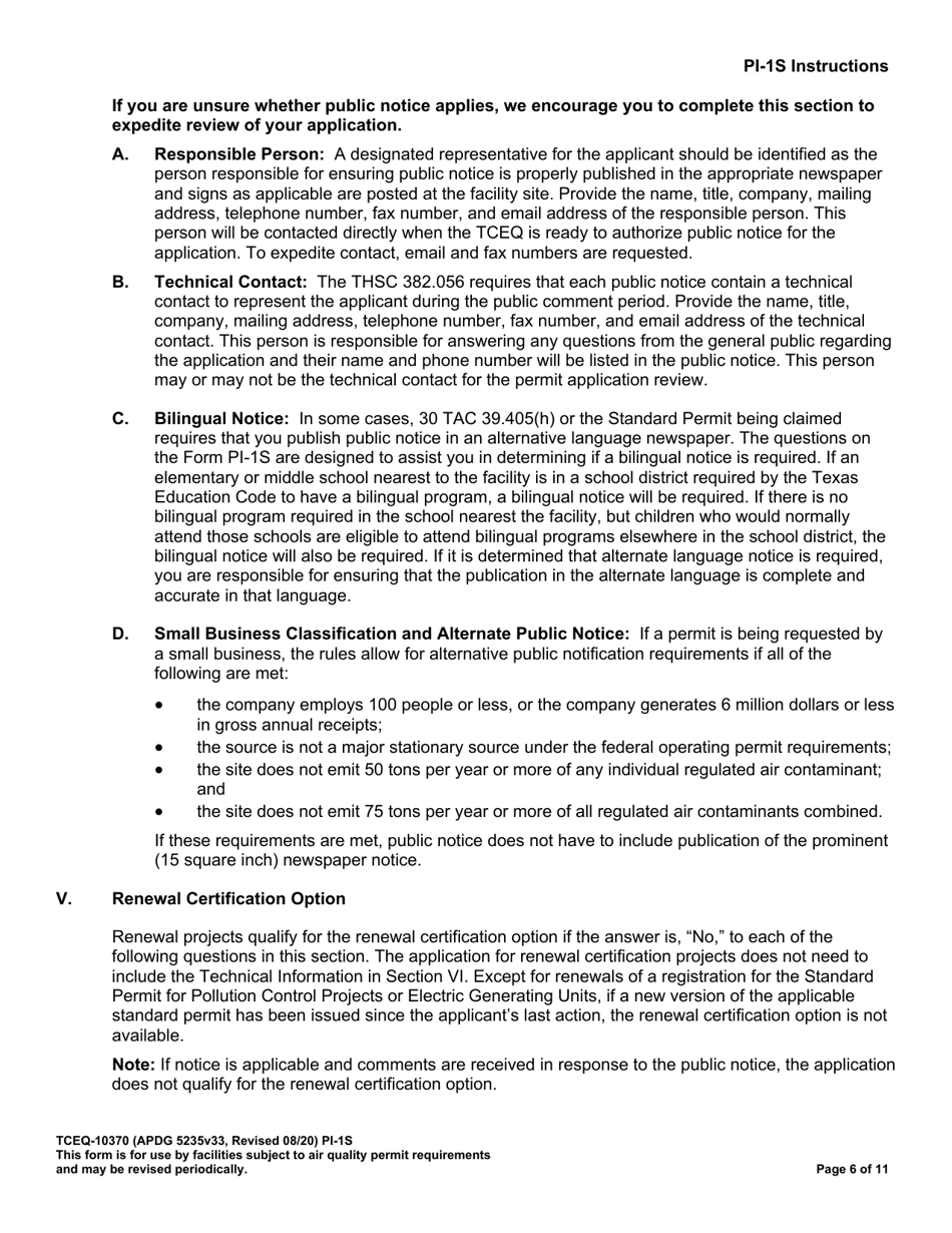 Form TCEQ-10370 (PI-1S) Registration for Air Standard Permit - Texas, Page 7