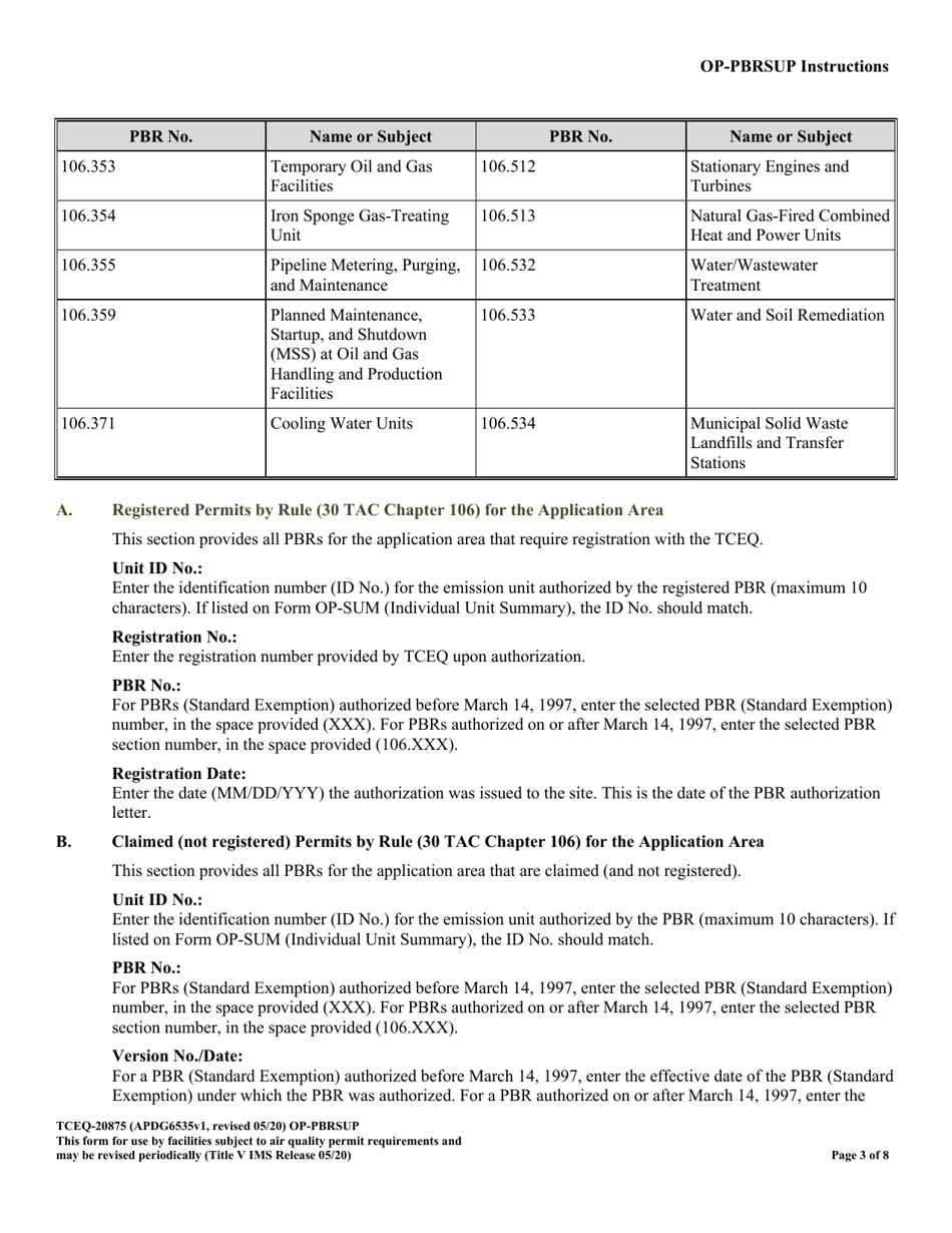 Form TCEQ-20875 (OP-PBRSUP) Permit by Rule Supplemental Table - Texas, Page 3