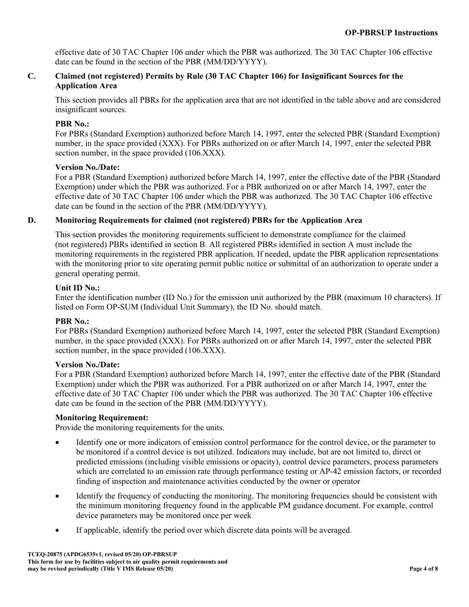 Form TCEQ-20875 (OP-PBRSUP) Permit by Rule Supplemental Table - Texas, Page 4