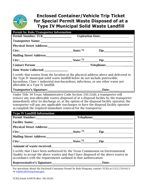 Form TCEQ-20078 Enclosed Container/Vehicle Trip Ticket for Special Permit Waste Disposed of at a Type IV Municipal Solid Waste Landfill - Texas
