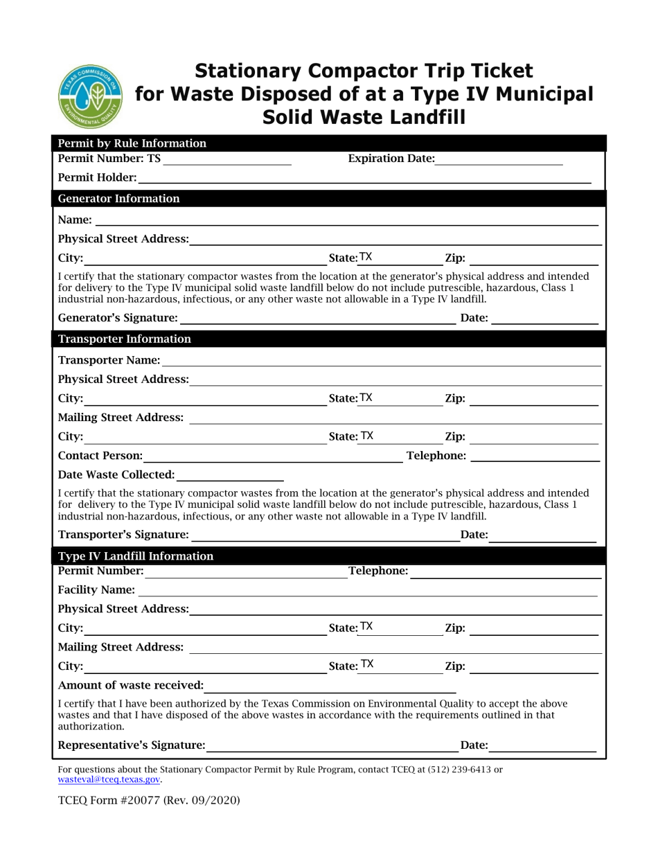 Form TCEQ-20077 Stationary Compactor Trip Ticket for Waste Disposed of at a Type IV Municipal Solid Waste Landfill - Texas, Page 1