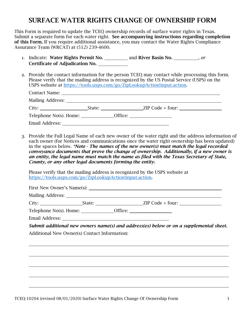 Form TCEQ-10204 Surface Water Rights Change of Ownership Form - Texas, Page 1