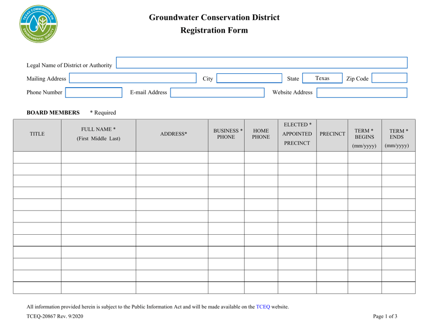 Form TCEQ-20867 Groundwater Conservation District Registration Form - Texas
