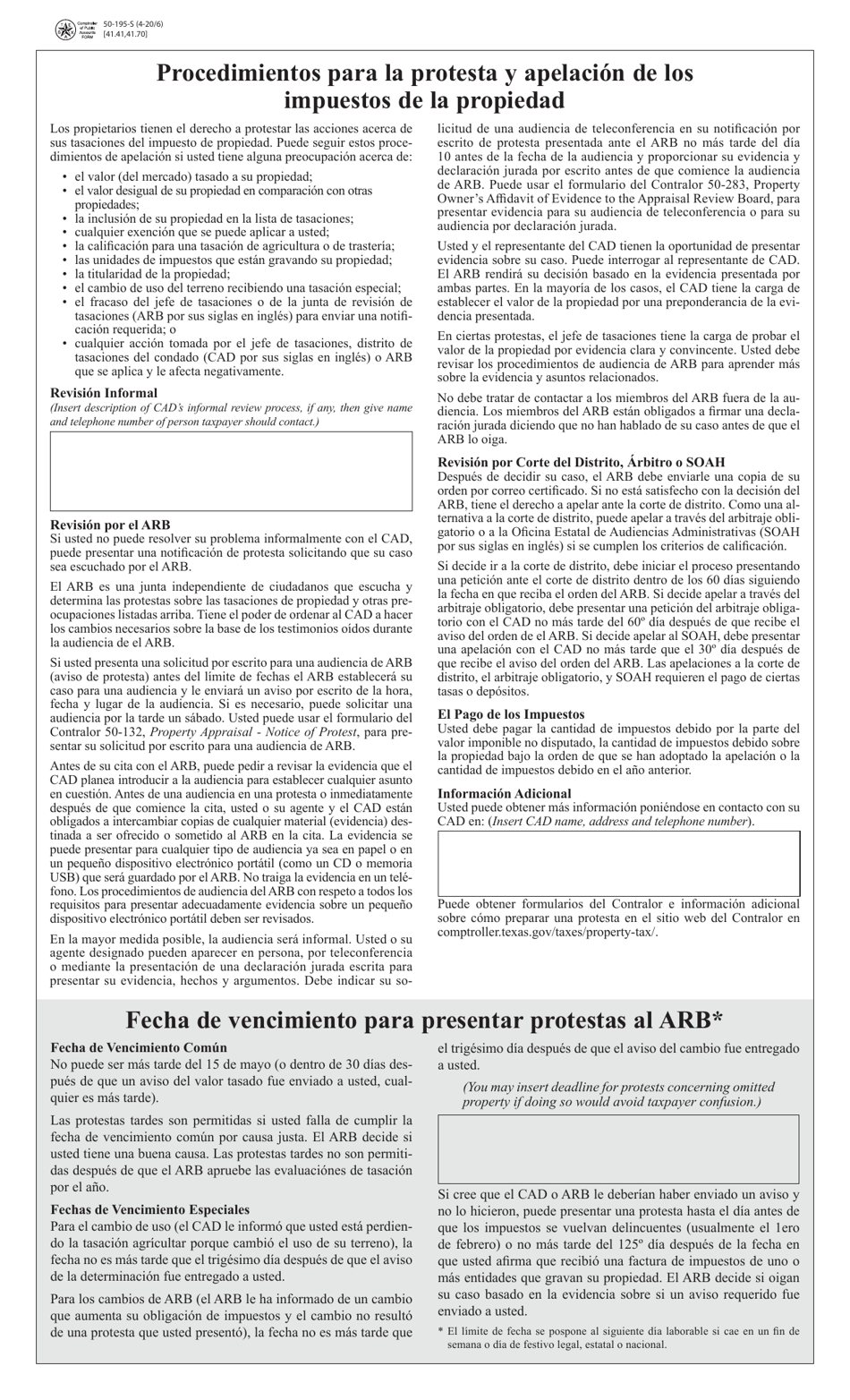 Formulario 50-195-S Procedimientos Para La Protesta Y Apelacion De Los Impuestos De La Propiedad - Texas (Spanish), Page 1