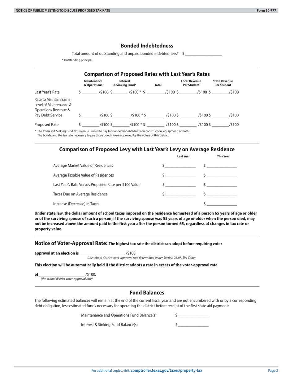 Form 50-777 Notice of Public Meeting to Discuss Proposed Tax Rate - Texas, Page 2
