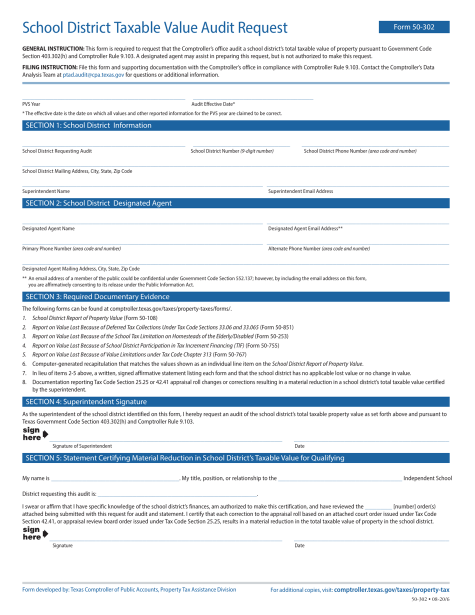 Form 50-302 School District Taxable Value Audit Request - Texas, Page 1