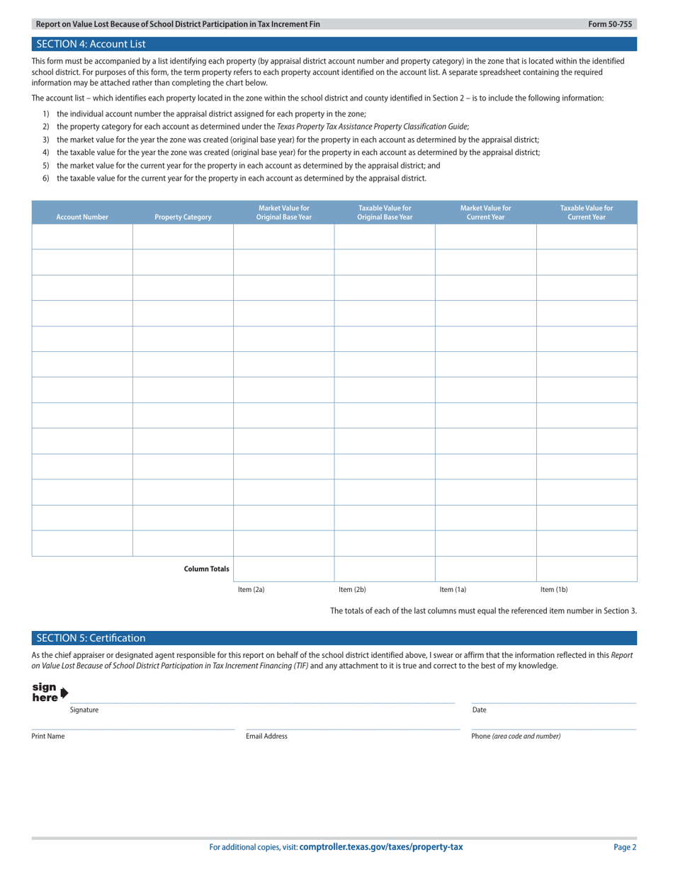 Form 50-755 Report on Value Lost Because of School District Participation in Tax Increment Financing (Tif) - Texas, Page 2