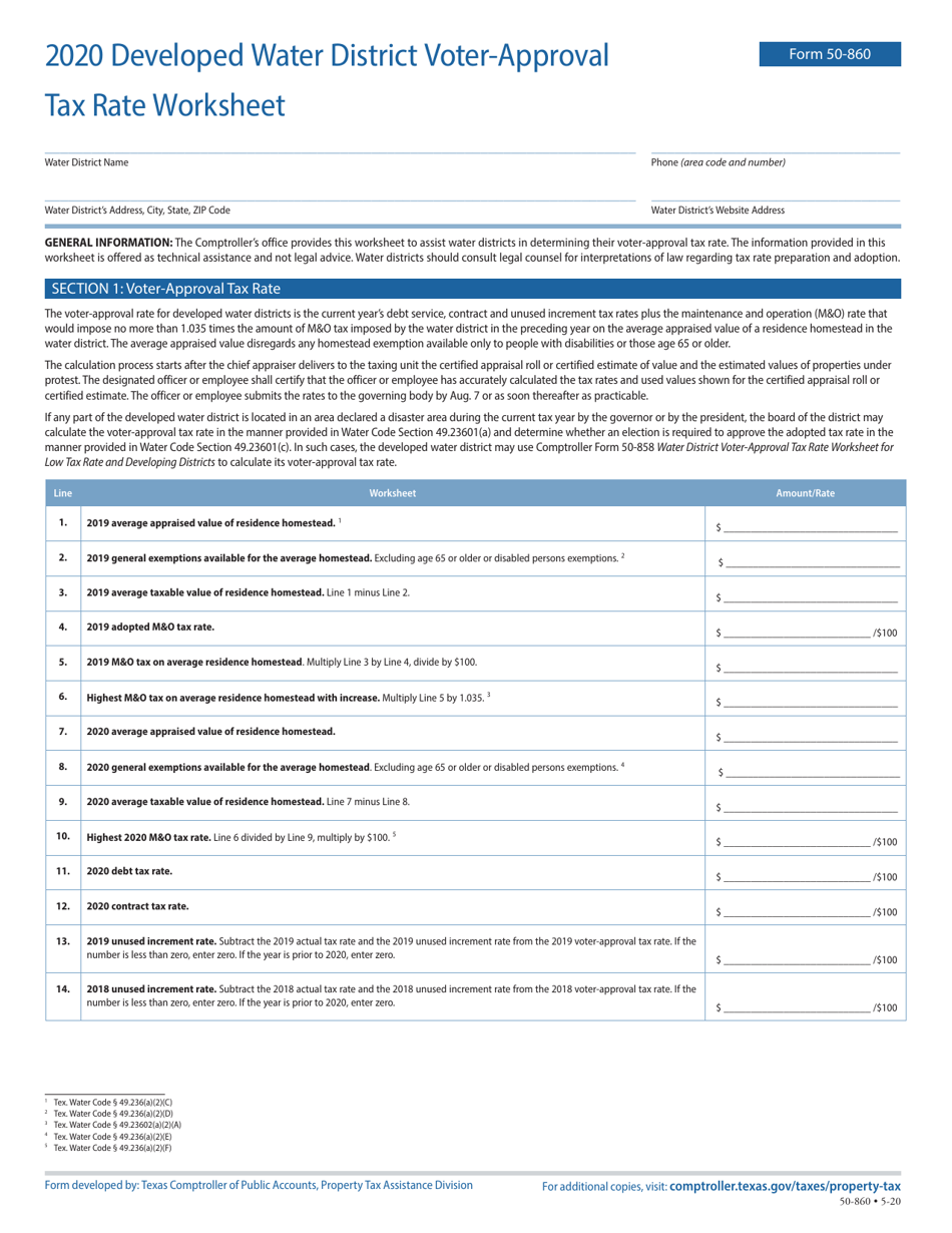 Form 50-860 Developed Water District Voter-Approval Tax Rate Worksheet - Texas, Page 1