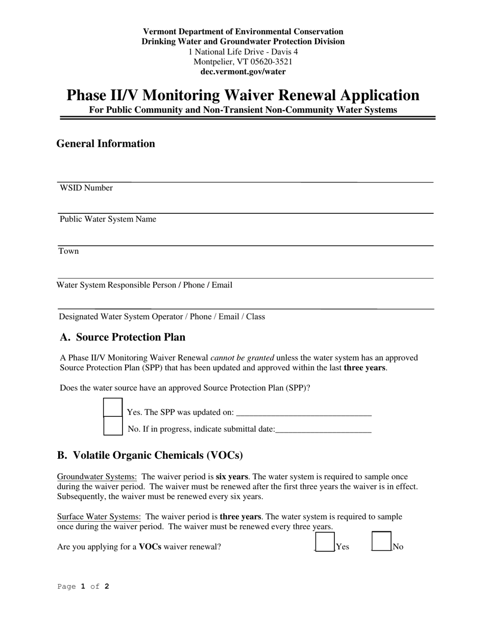 Phase II/V Monitoring Waiver Renewal Application for Public Community and Non-transient Non-community Water Systems - Vermont, Page 1