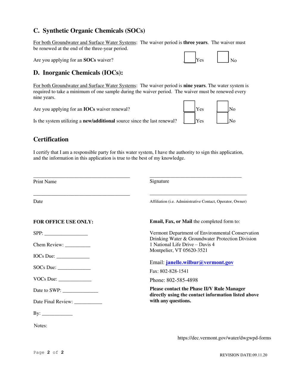 Phase II / V Monitoring Waiver Renewal Application for Public Community and Non-transient Non-community Water Systems - Vermont, Page 2