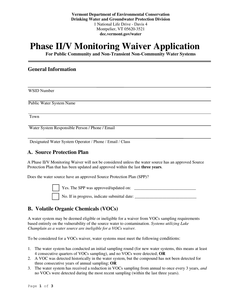 Phase II / V Monitoring Waiver Application for Public Community and Non-transient Non-community Water Systems - Vermont, Page 1