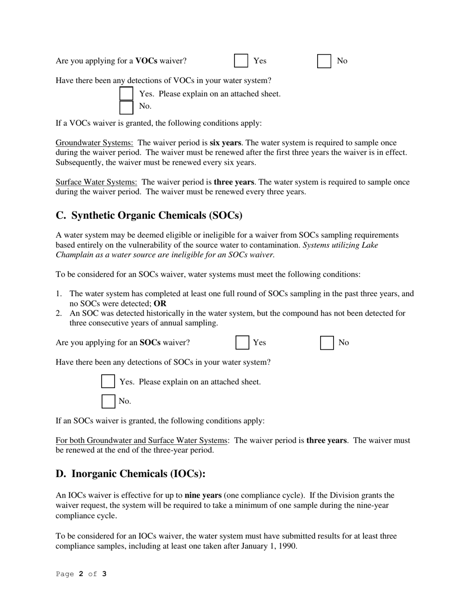 Phase II / V Monitoring Waiver Application for Public Community and Non-transient Non-community Water Systems - Vermont, Page 2