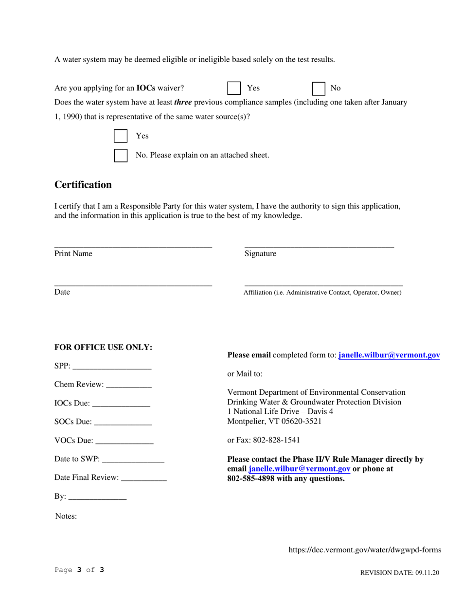 Phase II / V Monitoring Waiver Application for Public Community and Non-transient Non-community Water Systems - Vermont, Page 3