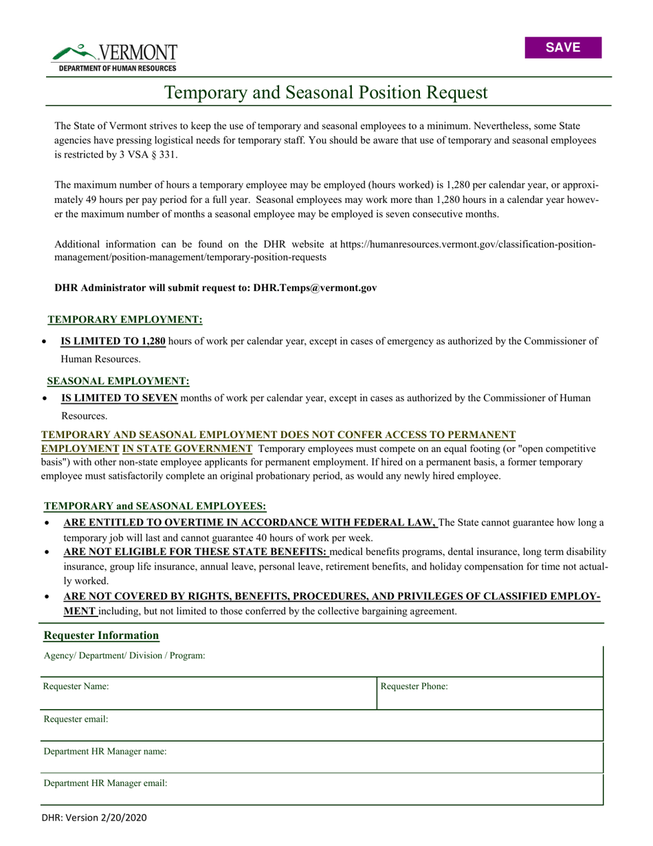 Temporary and Seasonal Position Request - Vermont, Page 1