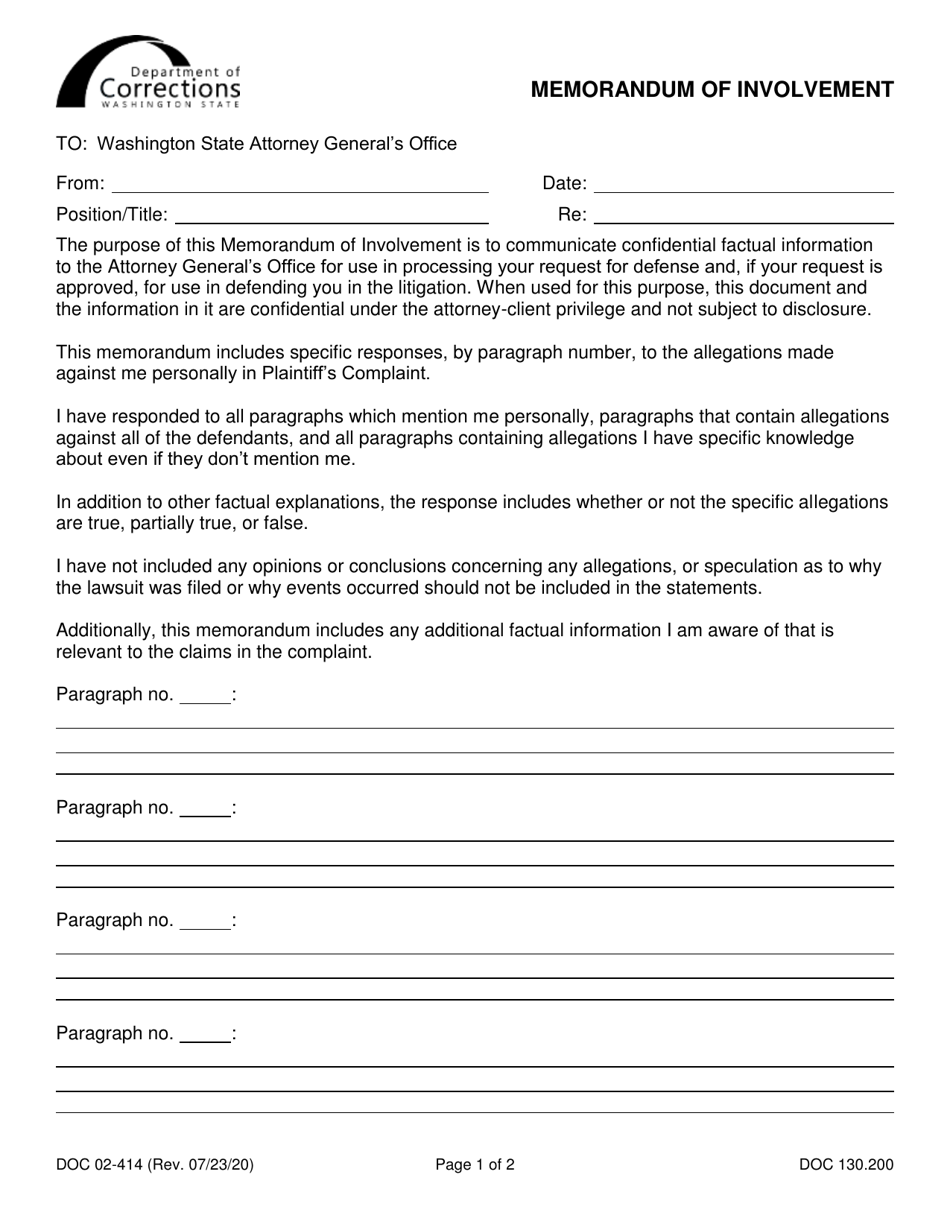 Form DOC02-414 Memorandum of Involvement - Washington, Page 1