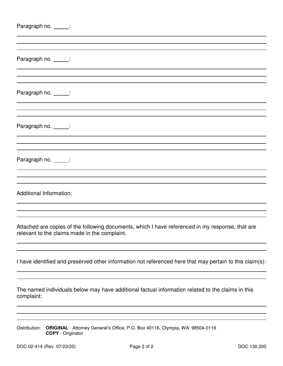 Form DOC02-414 Memorandum of Involvement - Washington, Page 2