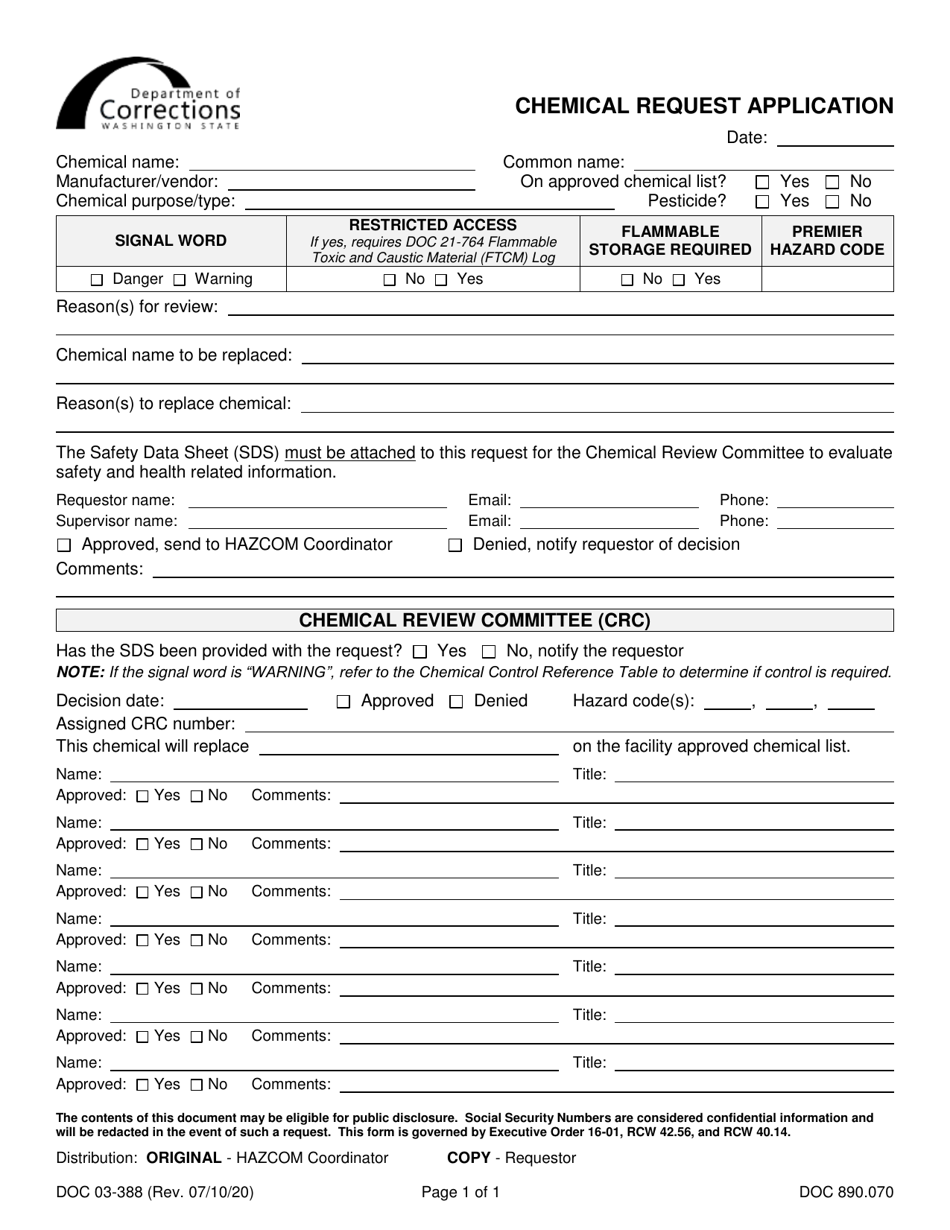 Form DOC03-388 Chemical Request Application - Washington, Page 1
