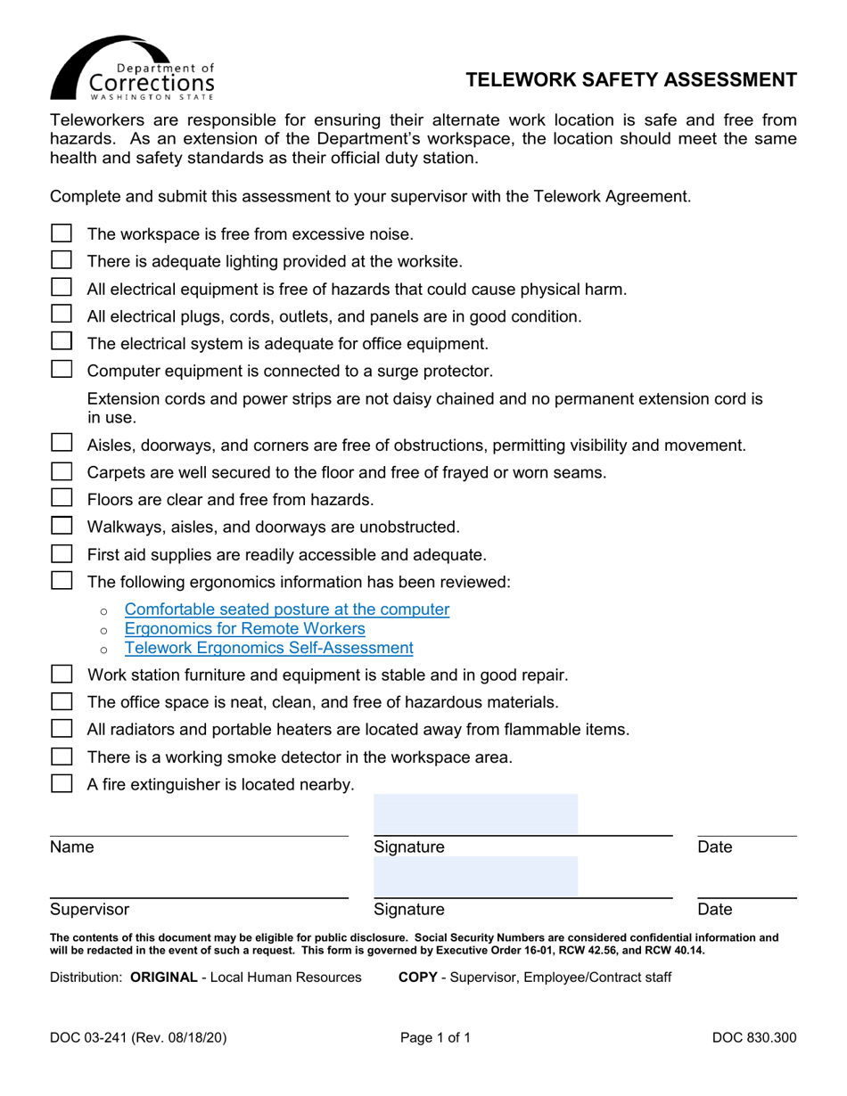 Form DOC03-241 Telework Safety Assessment - Washington, Page 1