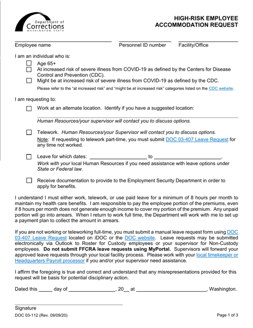 Form DOC03-112 High-Risk Employee Accommodation Request - Washington