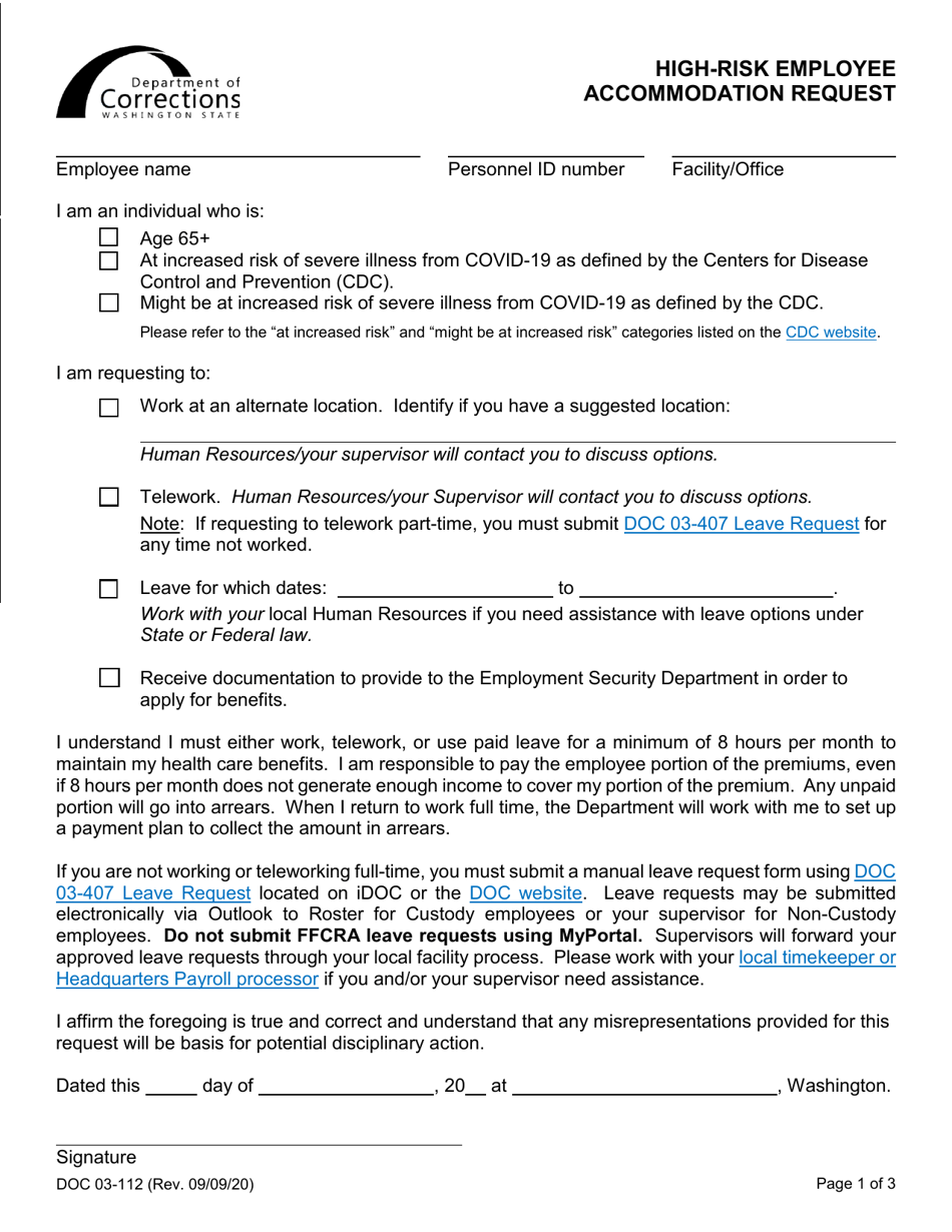 Form DOC03-112 High-Risk Employee Accommodation Request - Washington, Page 1