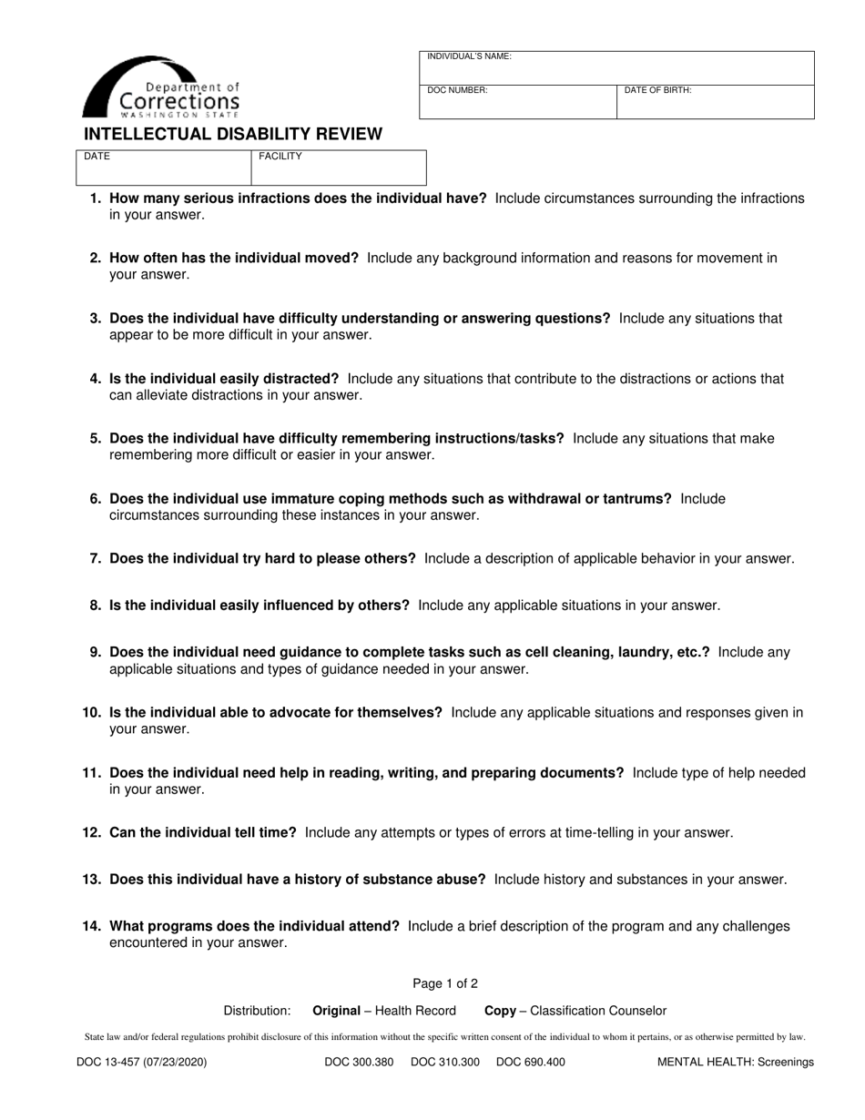 Form DOC13-457 Intellectual Disability Review - Washington, Page 1