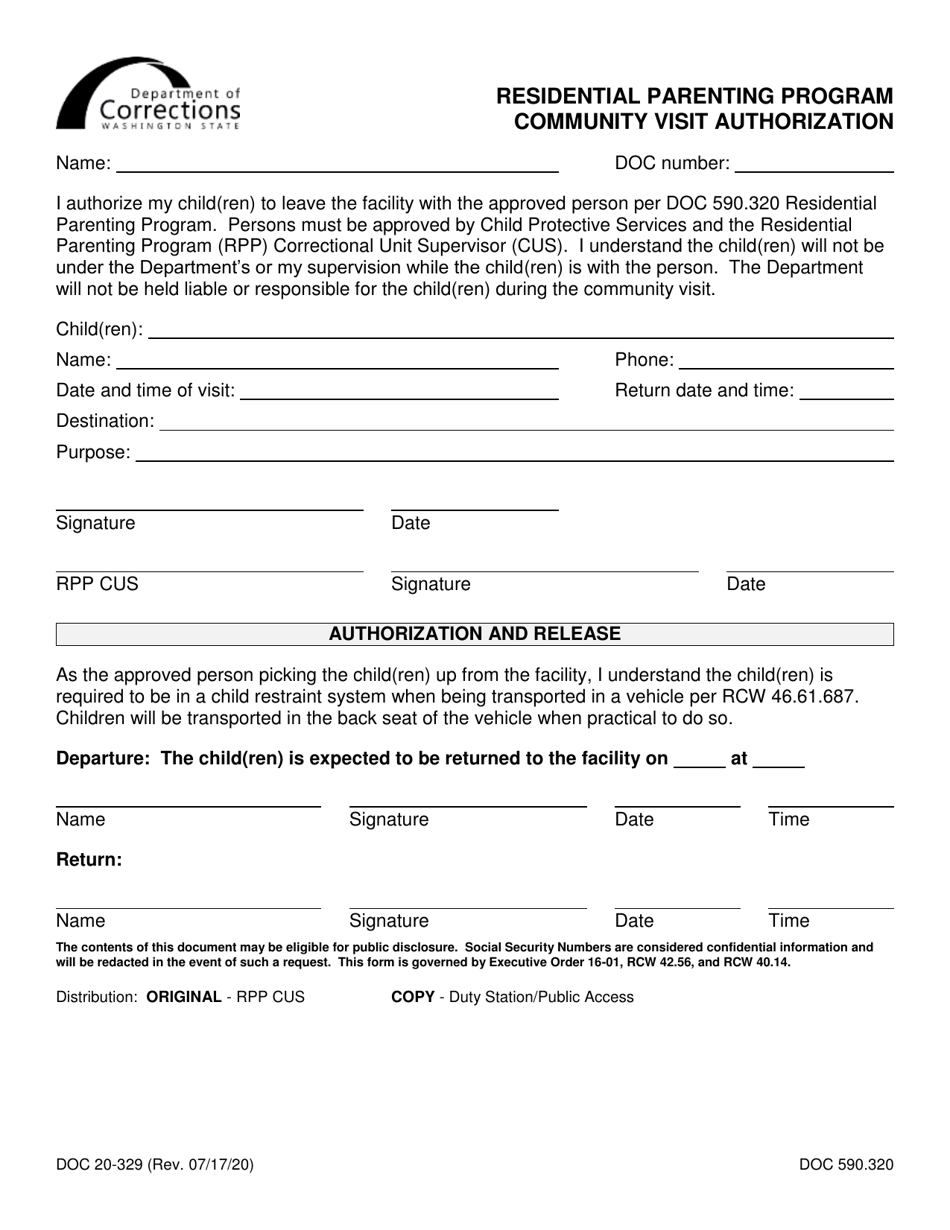 Form DOC20-329 Residential Parenting Program Community Visit Authorization - Washington, Page 1