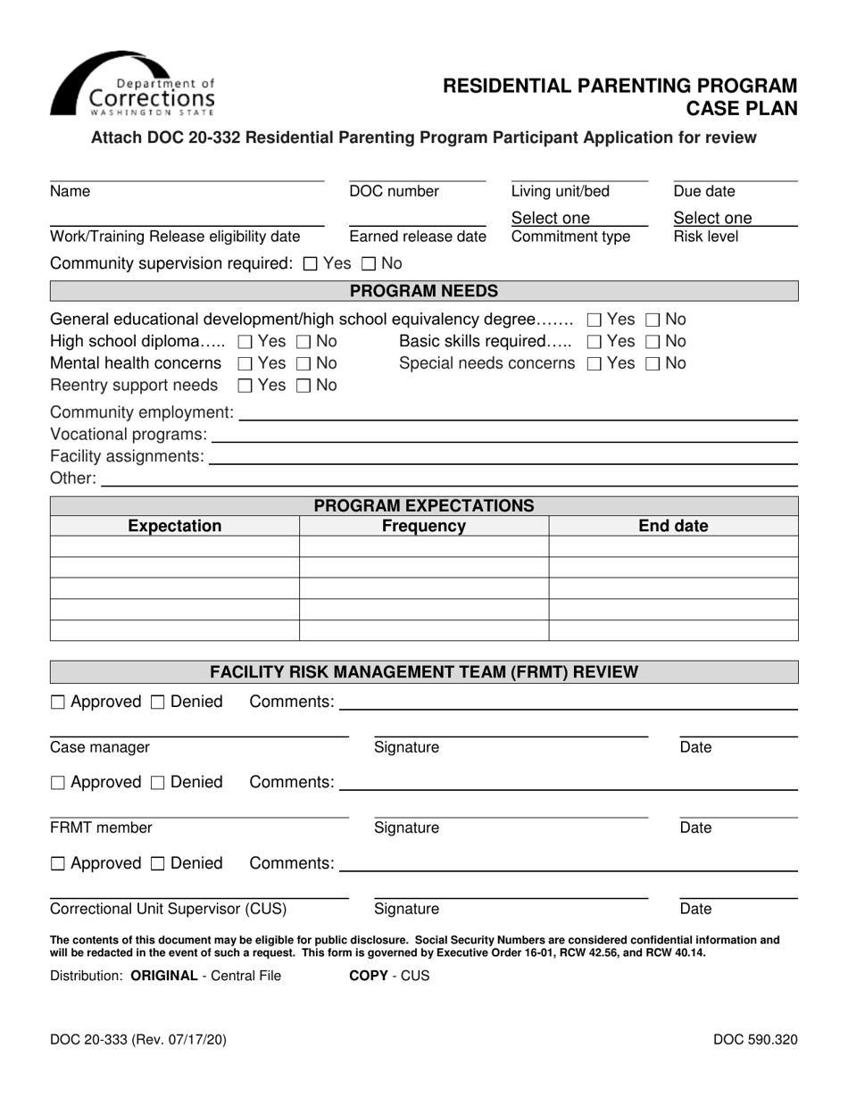 Form DOC20-333 Residential Parenting Program Case Plan - Washington, Page 1