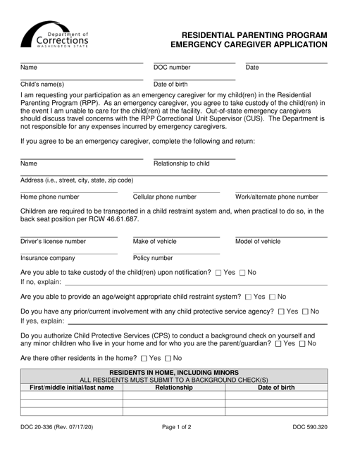 Form DOC20-336 Residential Parenting Program Emergency Caregiver Application - Washington