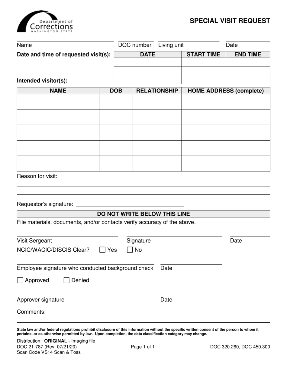 Form DOC21-787 Special Visit Request - Washington, Page 1