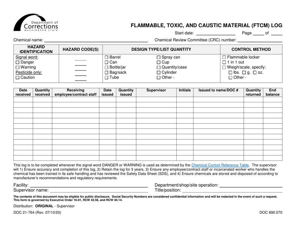 Form DOC21-764 Flammable, Toxic, and Caustic Material (Ftcm) Log - Washington, Page 1