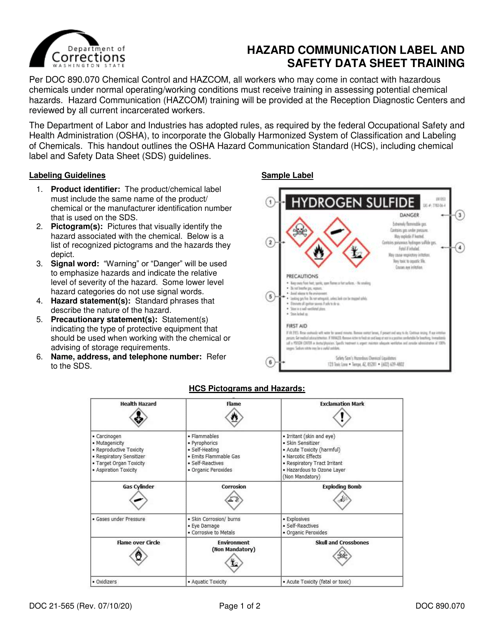 Form DOC21-565 Hazard Communication Label and Safety Data Sheet Training - Washington