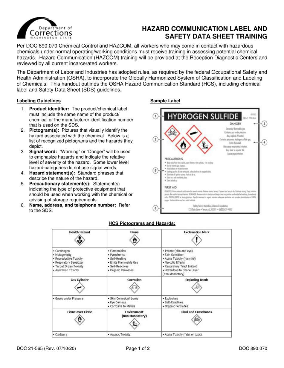 Form DOC21-565 Hazard Communication Label and Safety Data Sheet Training - Washington, Page 1