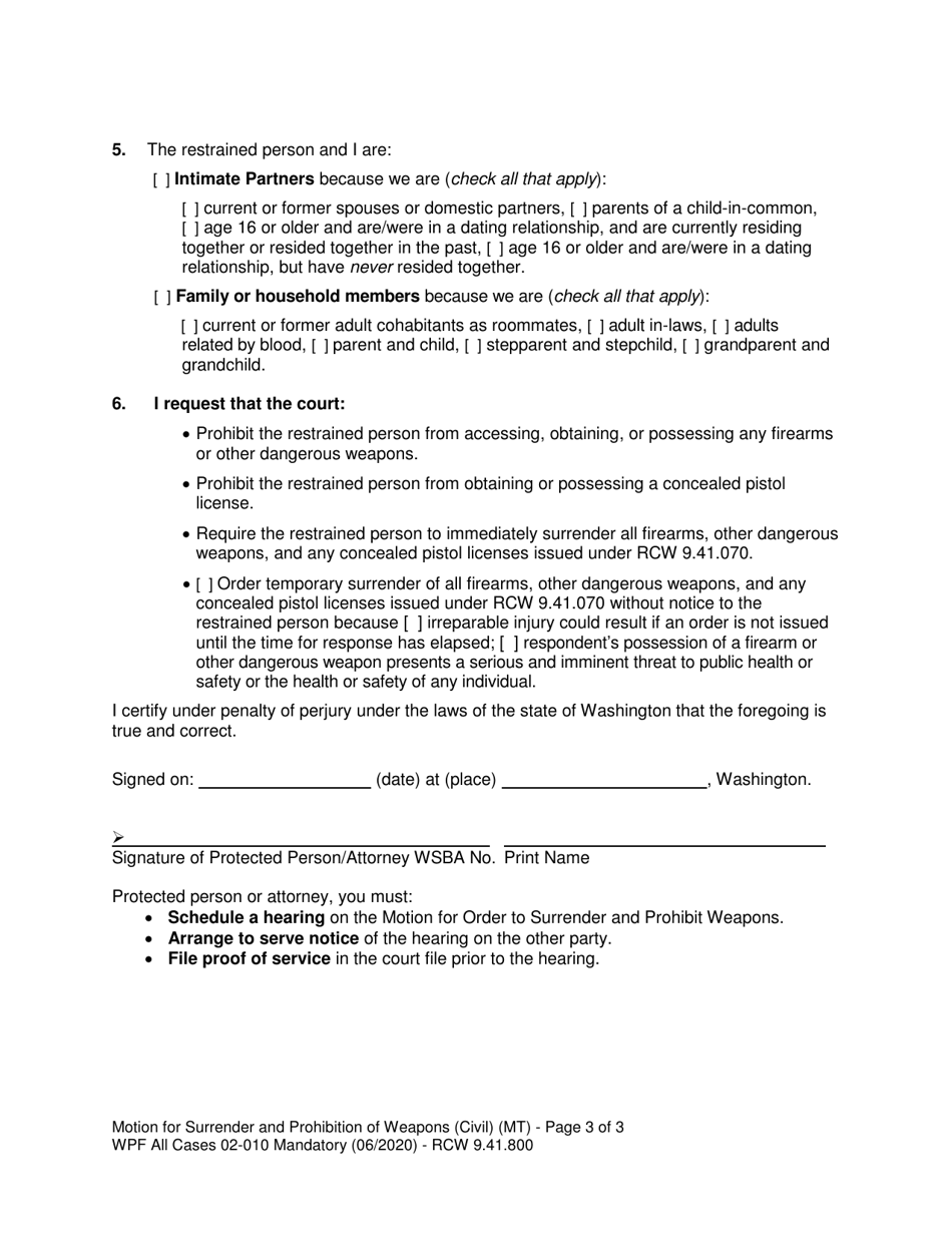Form WPF All Cases02-010 Motion for Surrender and Prohibition of Weapons (Mt) - Washington, Page 3