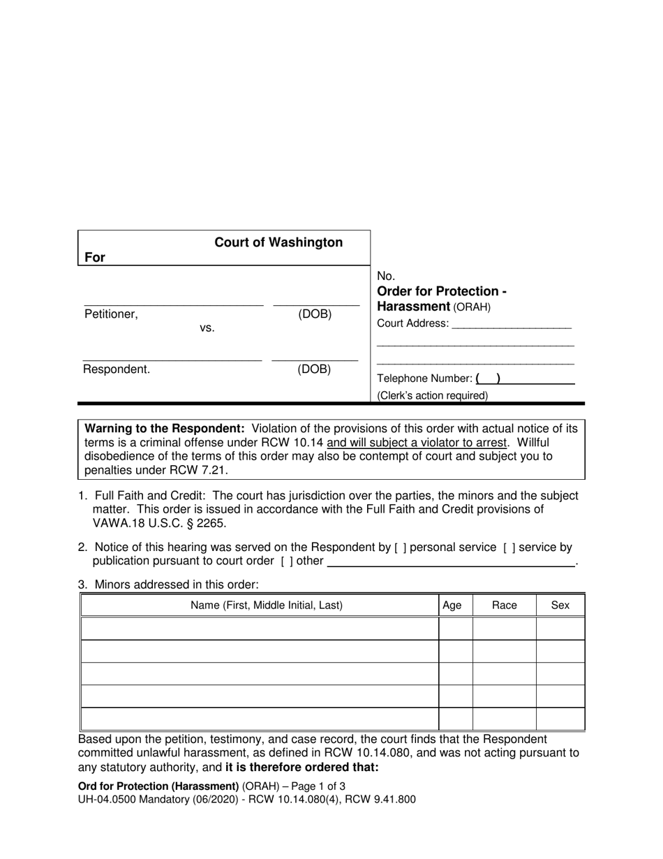 Form UH-04.0500 Order for Protection - Harassment (Orah) - Washington, Page 1